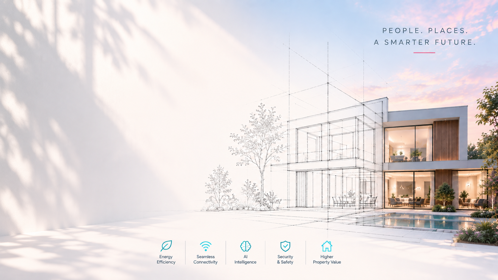 Architectural line drawing transitioning into a finished contemporary home, illustrating the journey from design to reality
