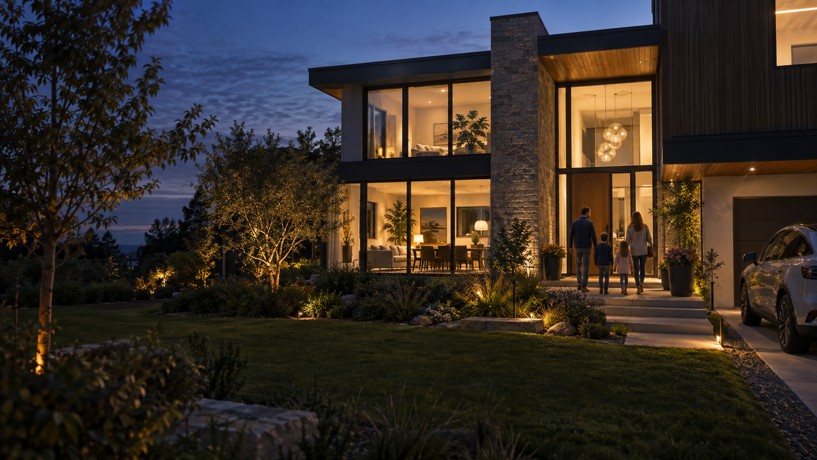 A family arriving at a warmly lit contemporary home at dusk
